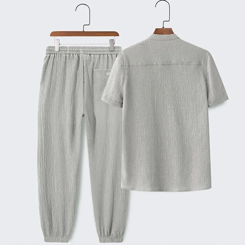 Trendy Men Top Pants Solid Color Summer Crew Neck Top Ankle Tied  Trousers  T-shirt Pants    Top Trousers 1 Set