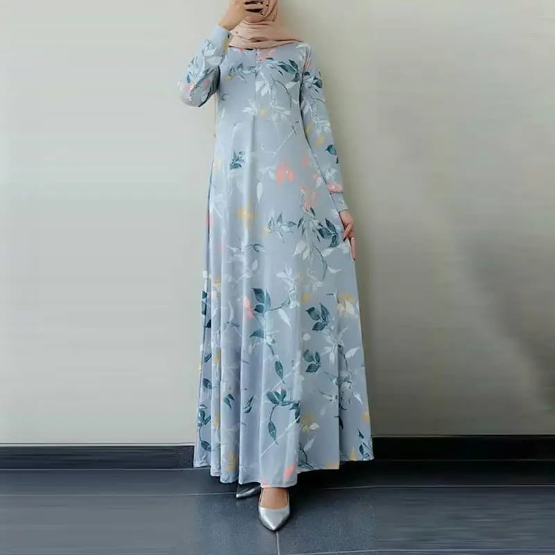 Wepbel Women Muslim Dress Floral Printing Abaya Islamic Clothing Ramadan Loose Long Sleeve Kaftan Abaya Loose Party Dress