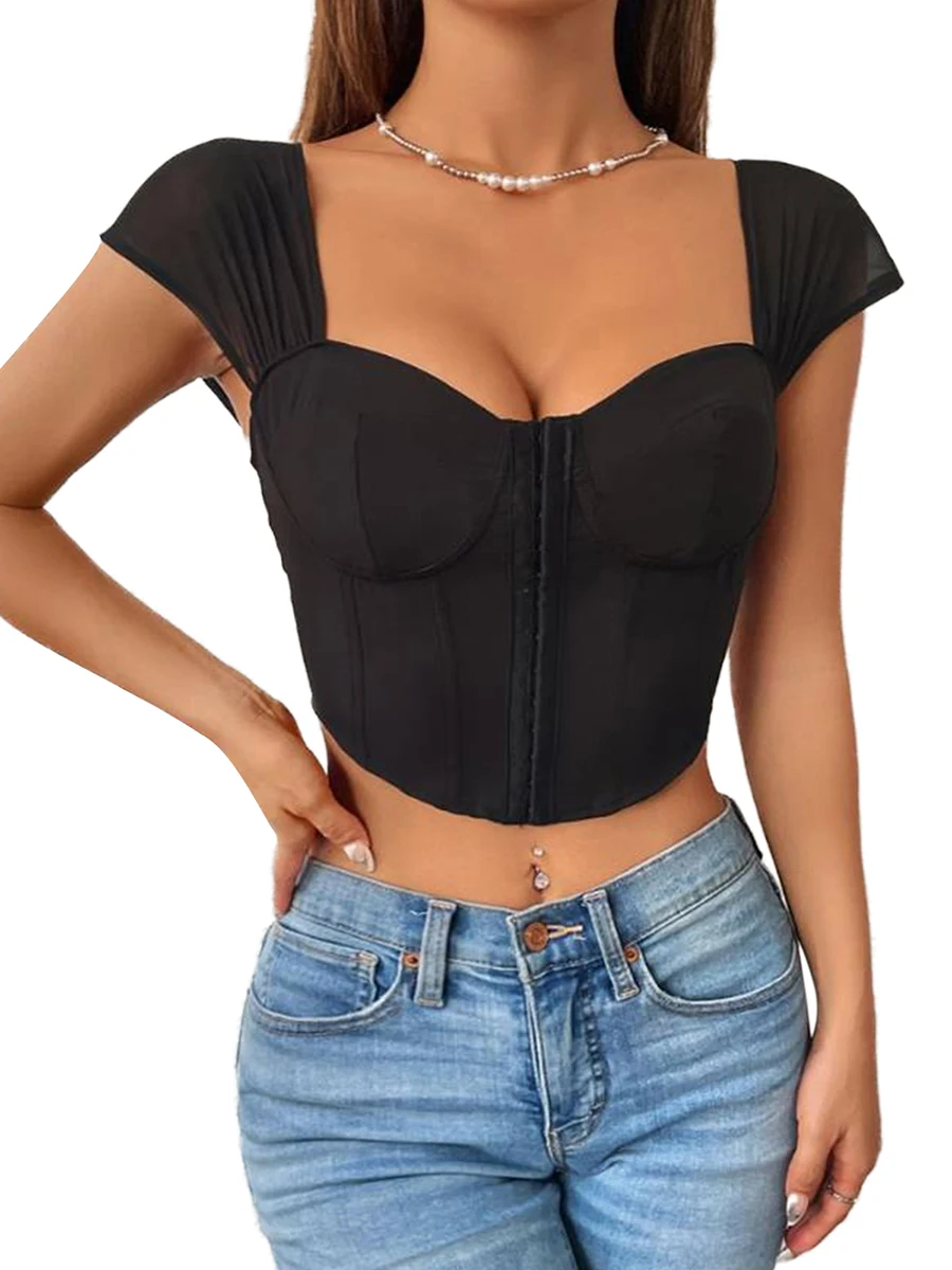 

Women T-shirt Short Sleeve Low-cut Buckled Slim Fit Solid Summer Tops for Daily Party