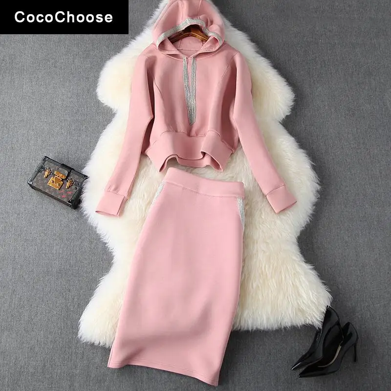 

Runway Designer Women Casual Dress Sets 2 Piece Outfits Spring 2022 Tassel Hooded Sweatshirt Top With Pencil Skirt Suits Pink