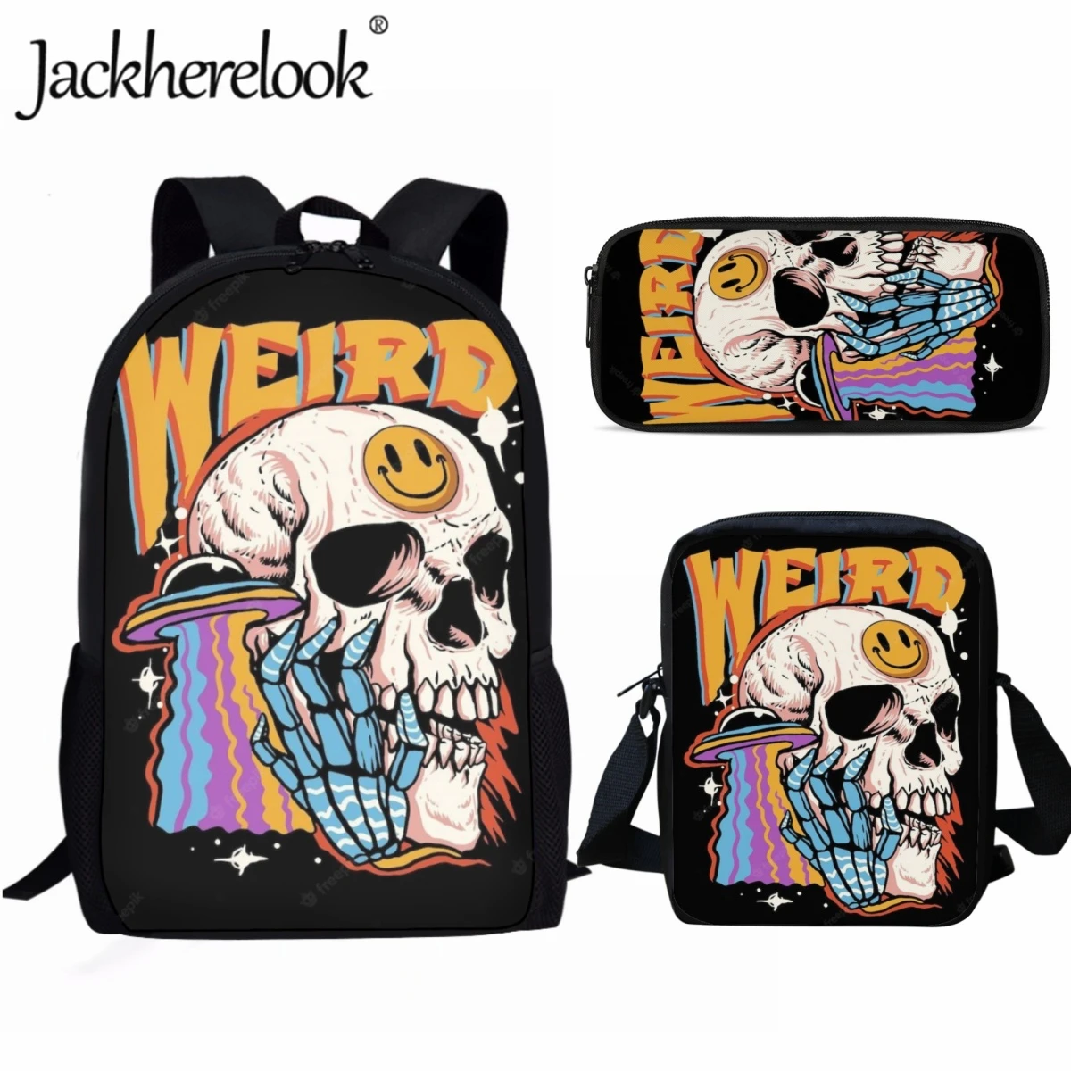 Jackherelook Fashion Skull Word Art School Bag 3pcs for Students Kids Travel Backpack Practical School Book Bags Boys Girls