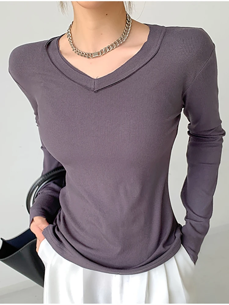 

T Shirt Women Spring Long Sleeve Tops Korean Style Slim V Neck T-shirts Ribbed Solid Basic Cotton Casual All-match Clothes Mujer