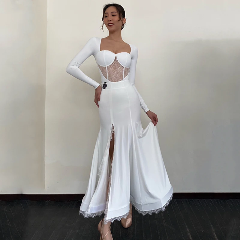 Платье для соревнований по бальному танцу женские белые кружевные топы юбка с