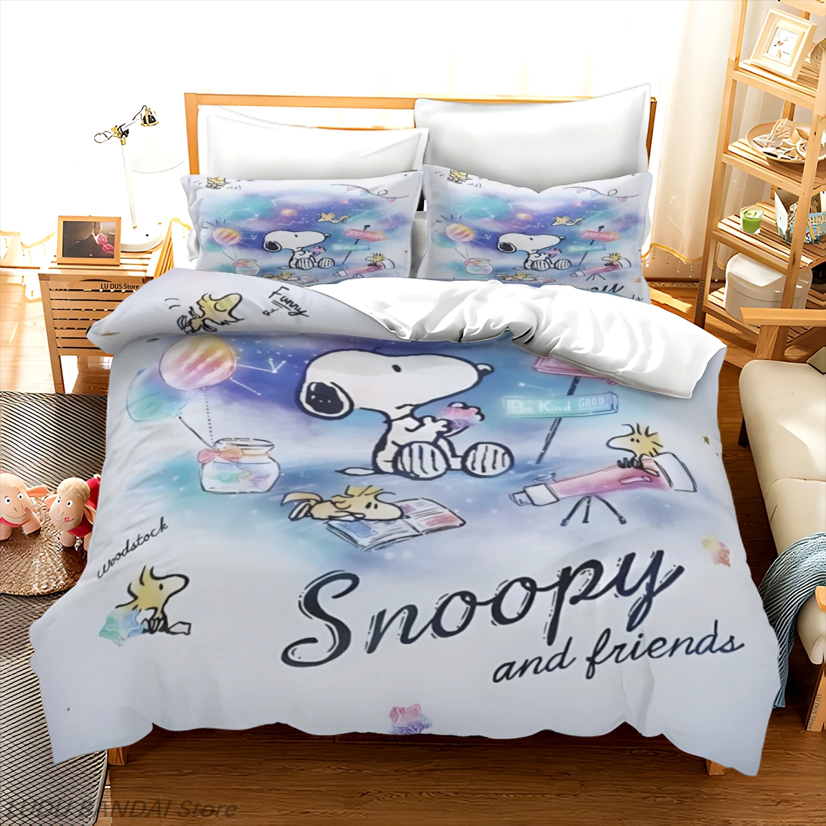 Фото Комплект постельного белья Snoopy: роскошный комплект из 3 предметов из полиэстера с милым мультяшным принтом для дома, рождественский декор №1