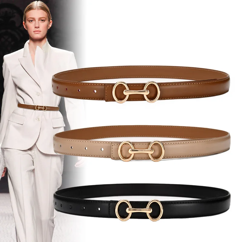 New Women's Leather Belt Smooth Buckle Personalized Belt Fine Pure Cow Leather Versatile Simple Denim Suit Pants Skirt Belt