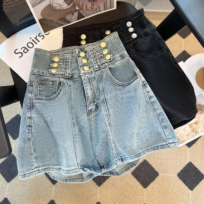 

Шорты женские джинсовые с завышенной талией, приталенные шикарные штаны в Корейском стиле, на пуговицах, синие, черные, белые, горячие брюки, на лето