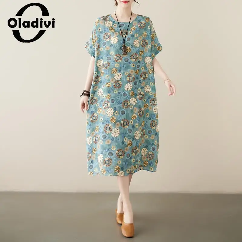 

Oladivi Fashion Printe женское платье-миди большого размера 2023 летние новые повседневные свободные платья винтажная женская одежда большого размера 6XL 5891