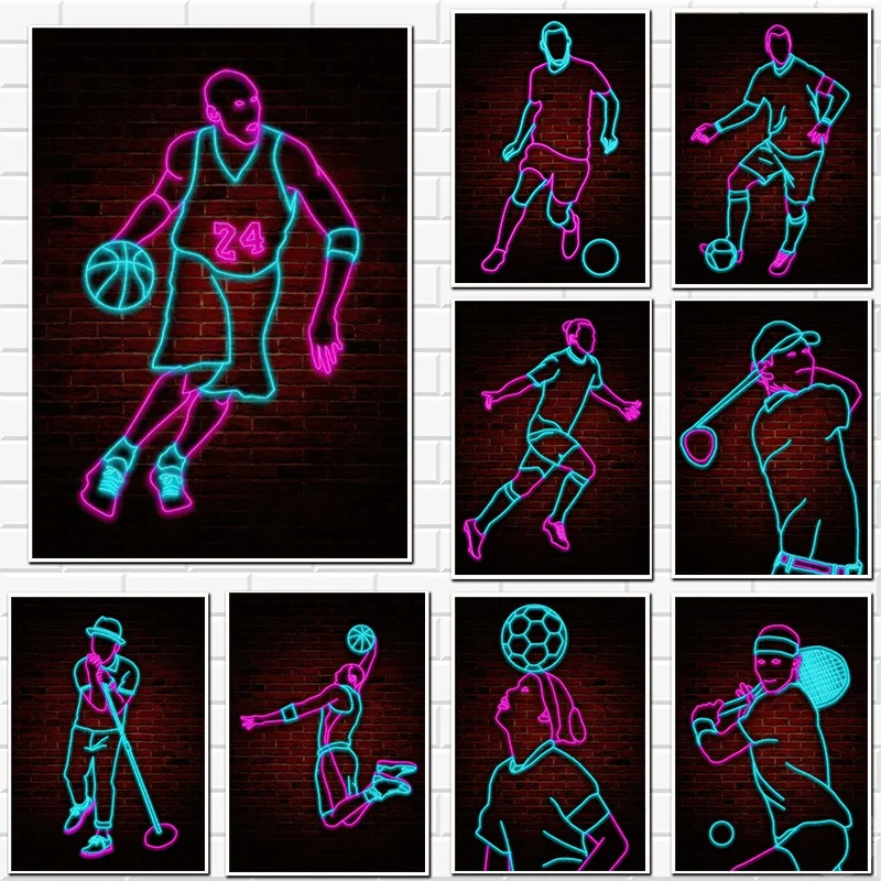 

Neon Basketball Player Poster Abstract Competitive Sportsman Painting Figure Football Canvas Prints Picture Boys Room Wall Decor