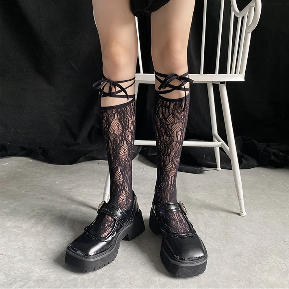 

Street Split Toe Socks Strappy Lace Fishnet Stockings Cool JK Girl Knee Socks Japanese Lolita Jk Long Knee High Socks Lolita