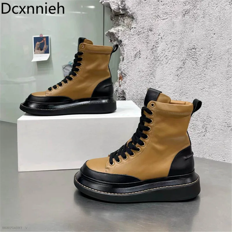 

Autumn New Real Leather Mixed Colors Short Boots Women Round Toe Thick Sole Lace Up Ankle Boots Women Fashion Flat Boots Women