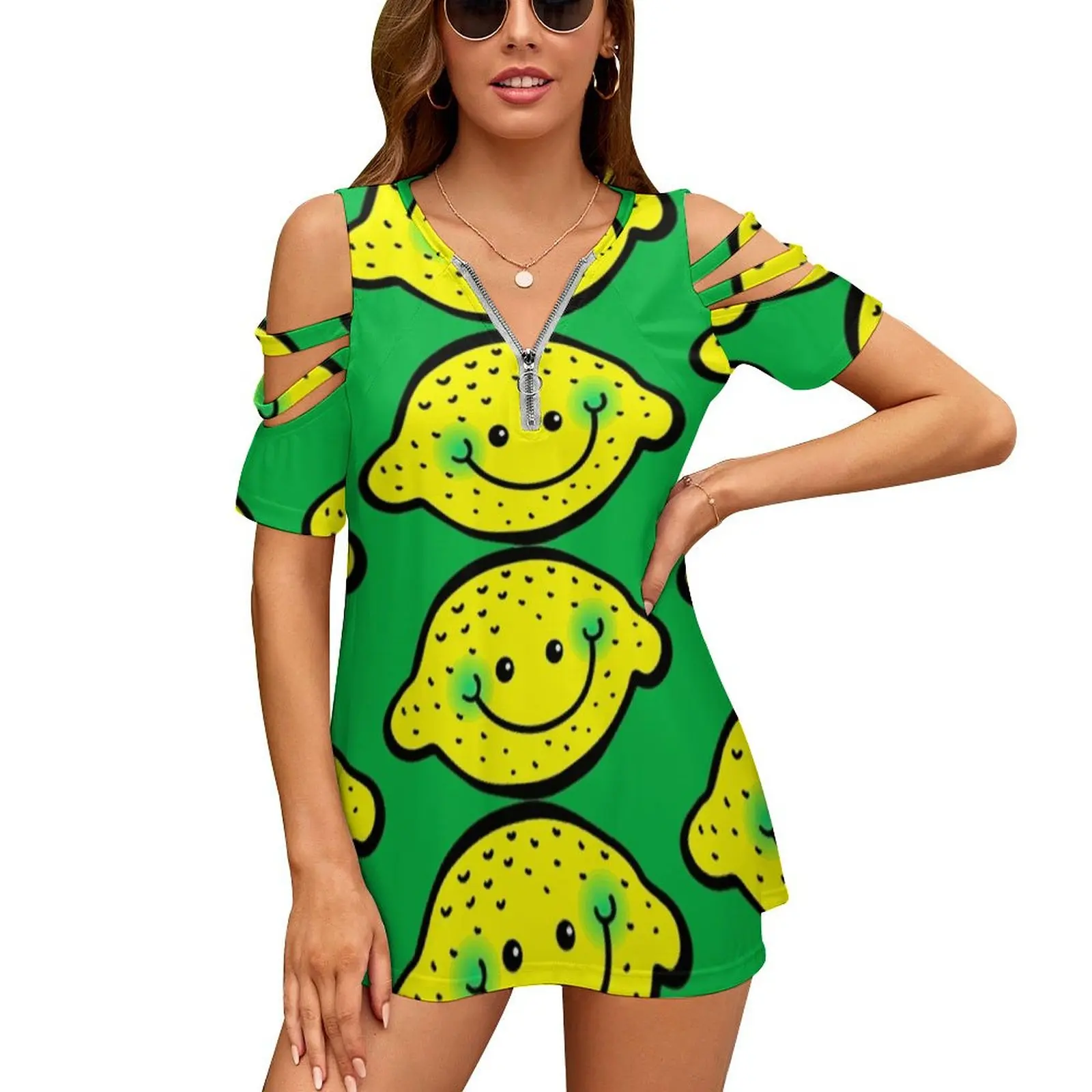 

Happy Citrus Lemon Cartoon Doodle Women'S T-Shirt Summer Fashion Print Floral V-Neck Zipper Tshirt Hollow Pullover Ladies Top
