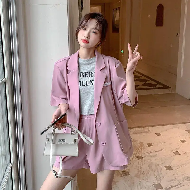 Women Short Sets New Dress Office Lady Summer Non Strech Spandex Solid Thin Korean Style Short Suits Sets Female Free Shipping