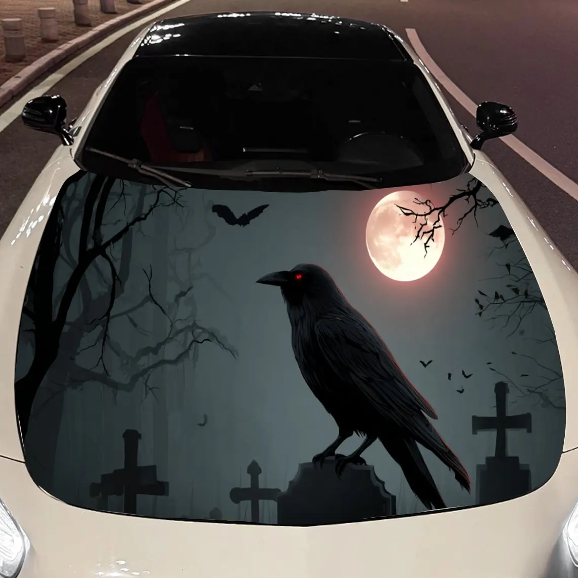 Фото Темная и gloomy graveyard Blood Moon and Crows Виниловые наклейки на капот автомобиля Защитная поверхность автомобиля Наклейка Украшение автомобиля Винил W №1