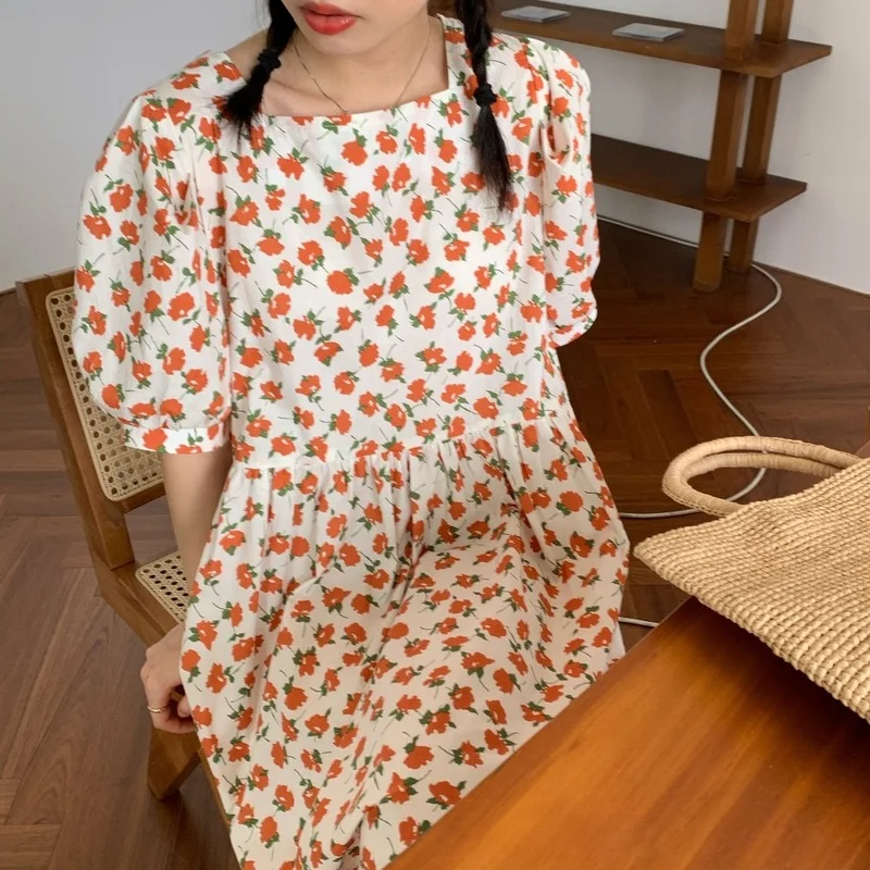 

2021 New Summer Cottagecore Dress Vintage French Style Square Collar Printed Puff Sleeve Dresses Casual Loose Korean Chic Women