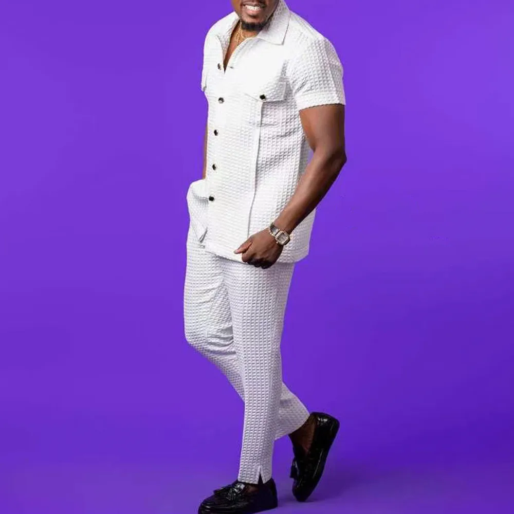 Kaftan Men Tracksuit 2pcs Setwaffle Pocket Button Short-sleeved Top Trousers African Ethnic Man Suit Wedding Clothing Outfits