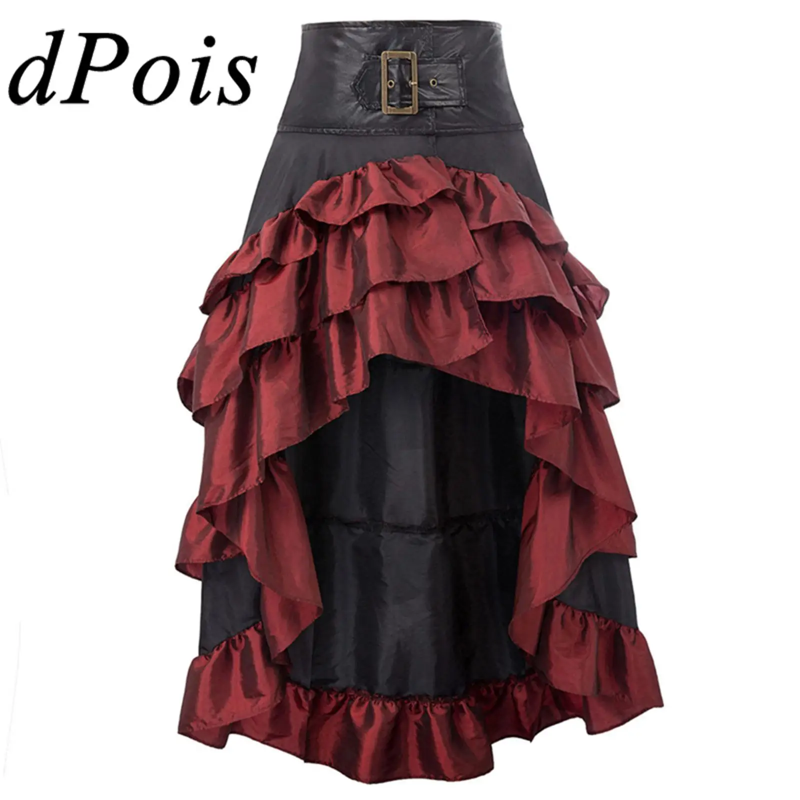 

Womens Gothic Steampunk High-Low Skirt Buckle Tiered Ruffle High Waist Patchwork Skirt Halloween Vintage Costumes
