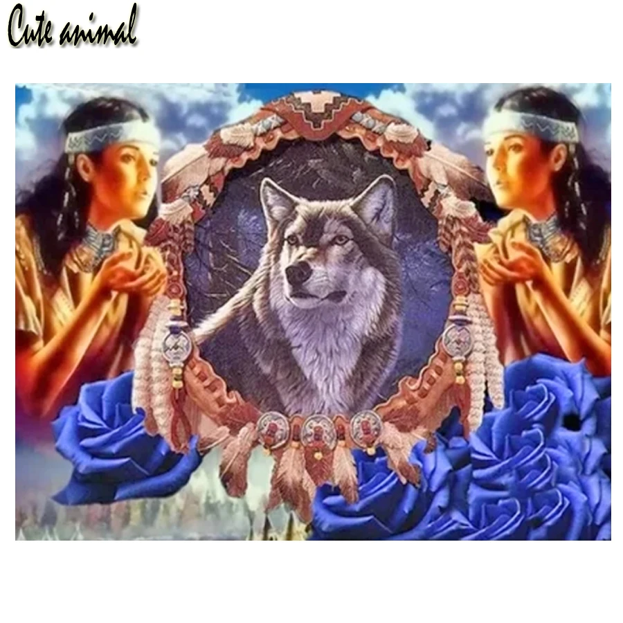 

Алмазная 5D картина «сделай сам», вышивка крестиком с изображением индийской женщины, волка, пера, пейзажа, полная Алмазная мозаика, украшение Стразы для дома