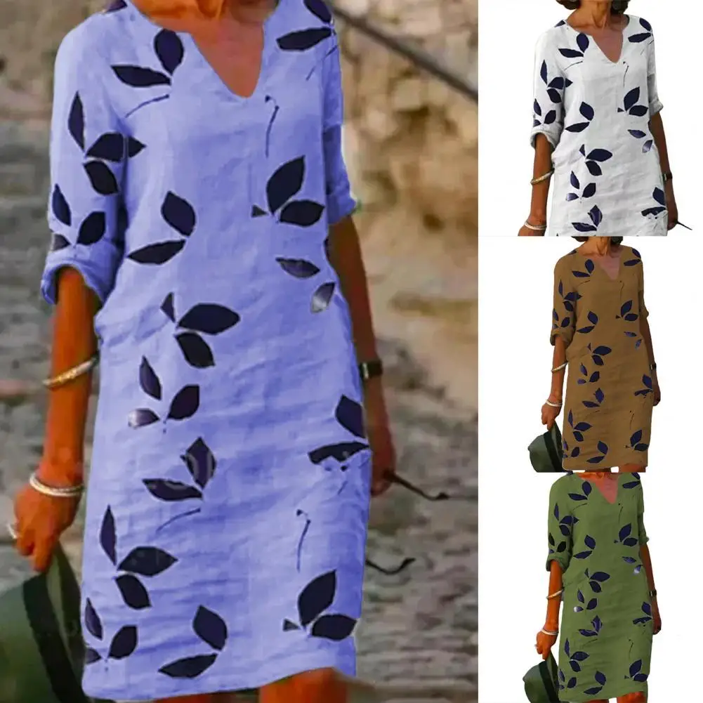 

Leaf Women Dress Leaf Summer V Neck Summer Beach Dress Vintage Loose-fitting Women Dress Stylish Half Sleeve Dress for Travel