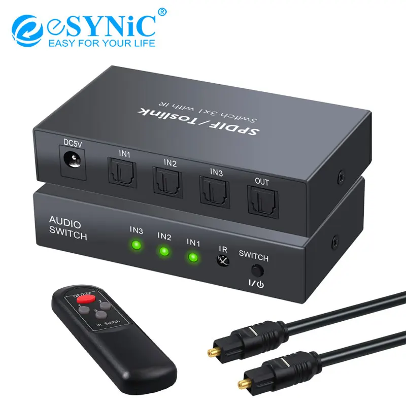 eSYNiC SPDIF Toslink Fiber Switcher 3 in 1 Out Audio Switch IR Remote Control 3ft Optical Cable For PS3 Xbox Blue-Ray DVD HDTV