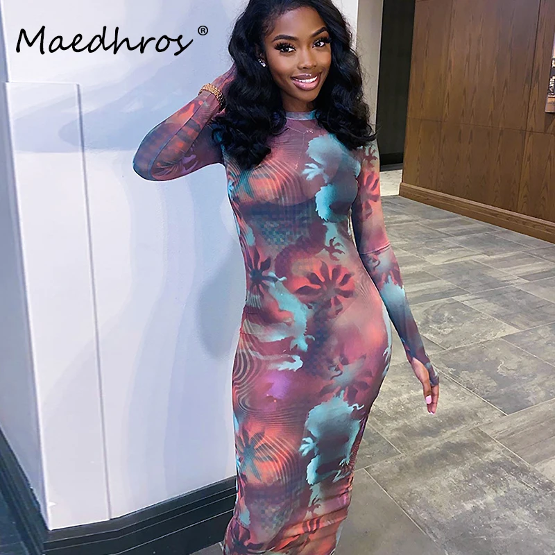 

Women Bodycon Dress Sexy See Through Tie Dye Print Long Sleeve Mesh Midi Dress Sheer Outfits Y2K Clothes Party Club Streetwear
