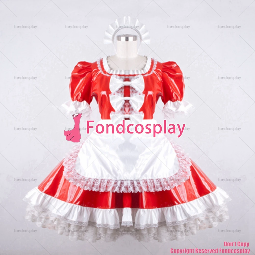 

tailor-made sexy adult dressing cross maid sissy short lockable red pvc dress uniform white apron costume tv/cd[g795]
