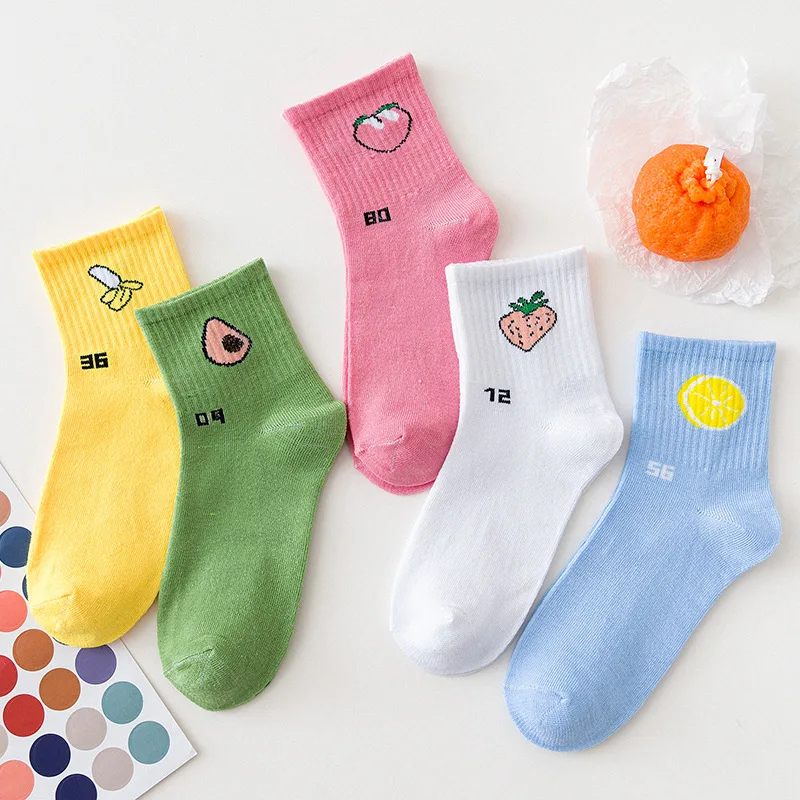 

5 Pairs Socks Female Korean Trendy Mid-Calf Length Socks Autumn and Winter Stockings Cute Cartoon Fruit Thigh High Socks