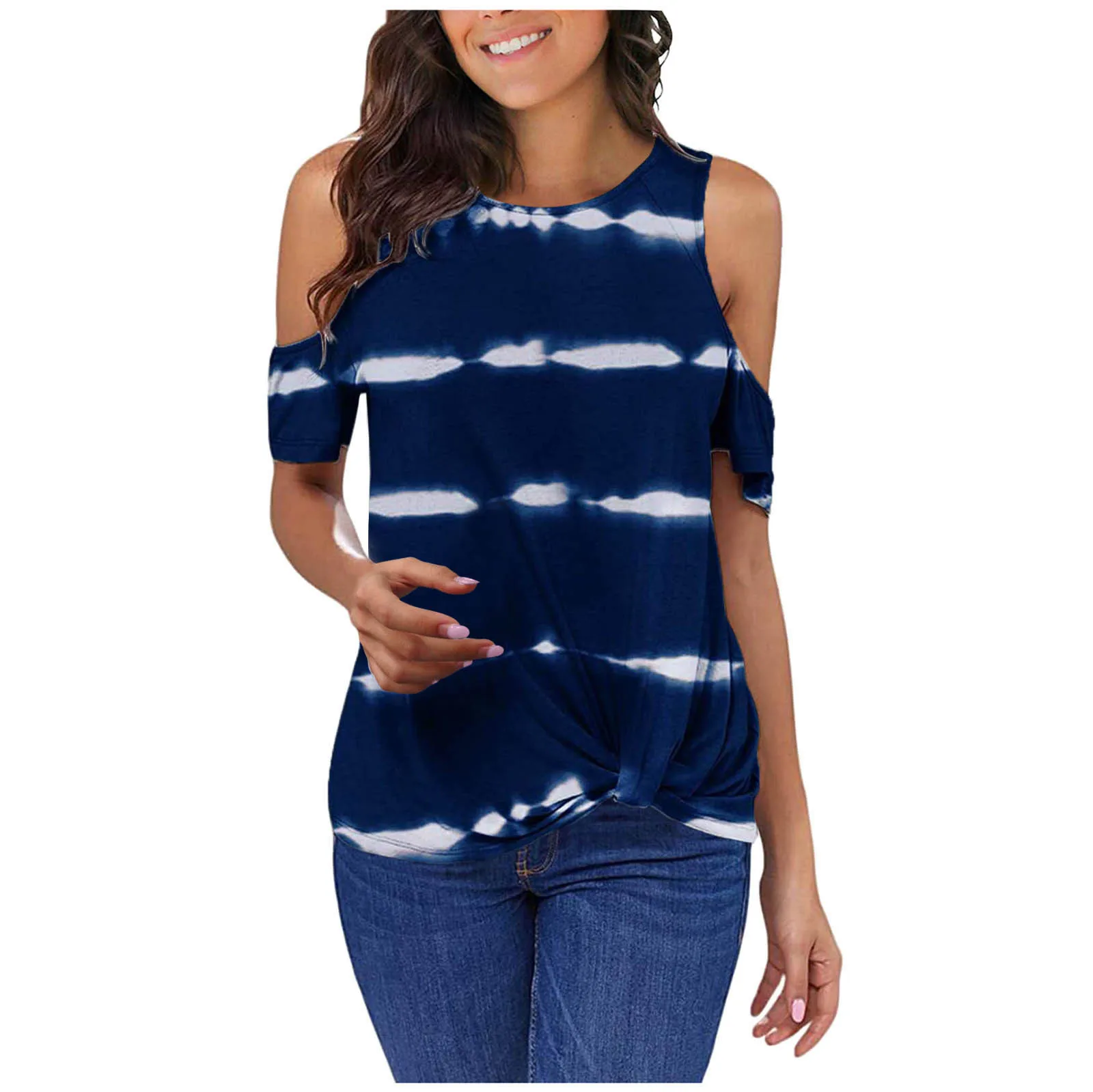 

Womens Tie-dye Striped Blouse Cold Shoulder O-neck Short Sleeve Tops Blouse Ladies Loose Pullover Blouse Femme #G1