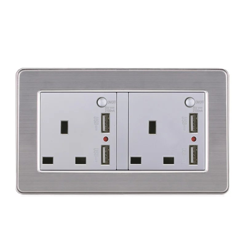Настенная розетка UK13A 146 два бит, Гонконгская розетка с переключателем из нержавеющей стали с матовой панелью, британский стандарт с двумя USB-разъемами