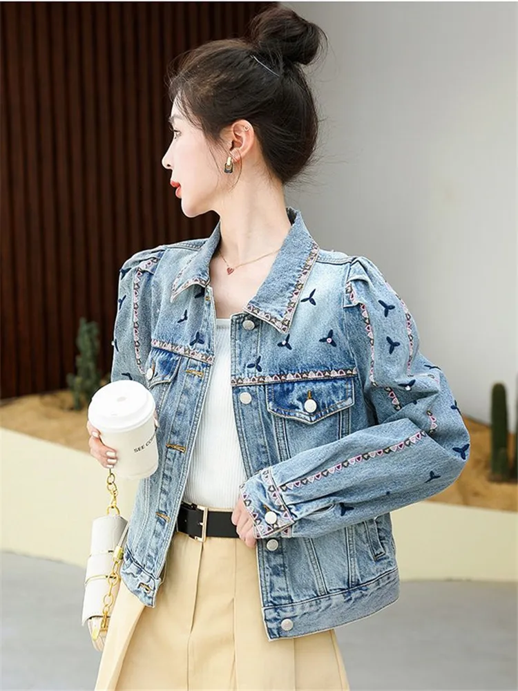 Autumn Leisure Flower Embroidered Denim Jacket Women 2023 Fashion Bubble Sleeves Sweet Jean Coat Ladies Chic Design Outerwear EF