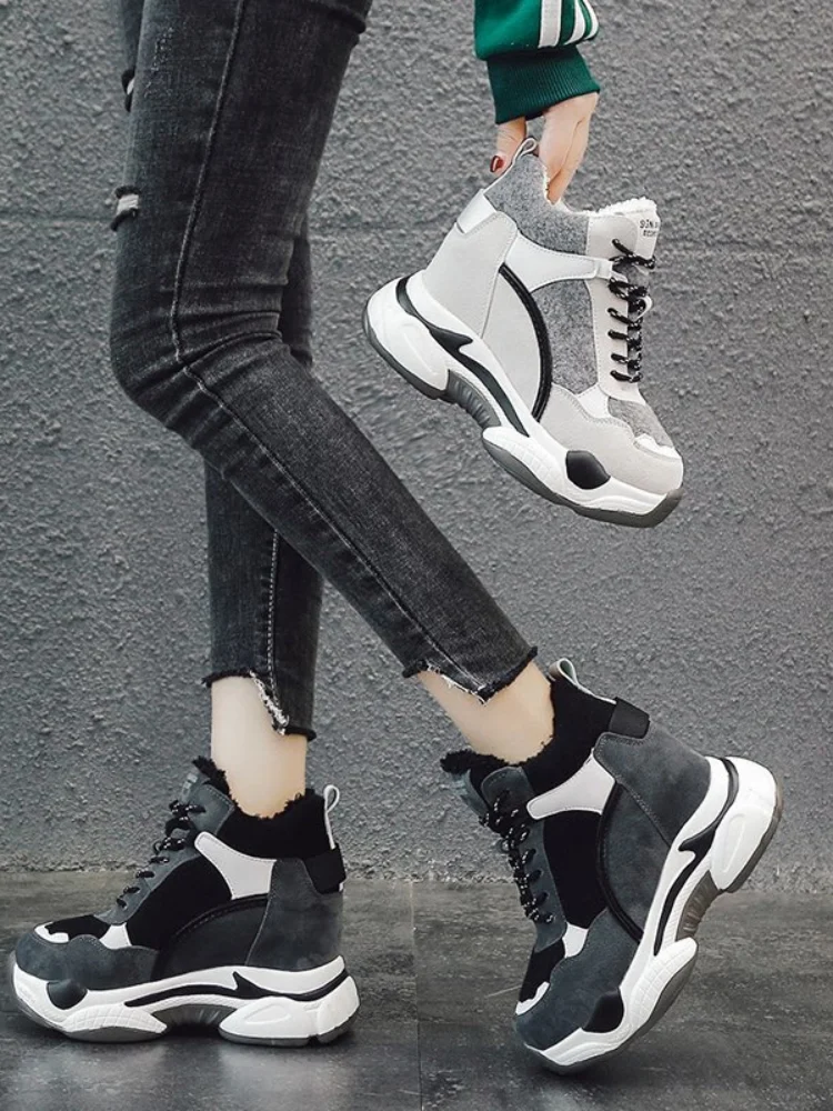 Flat Bottomed Women Boots Increased Sports Warm Shoes Cotton  Plus Velvet Thickened 's  Solid Color