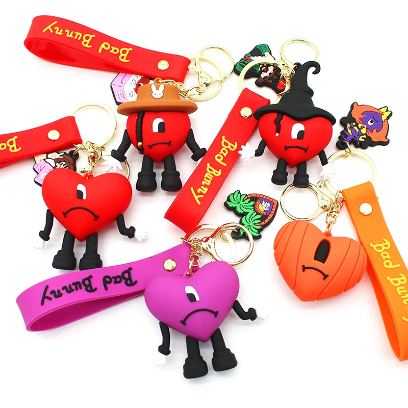 

New in Cute Bad Bunny Heart Keychain Keyring for Women Men Rubber Car Keychain Keyfob Trinket Bag Pendant Llavero Accessories