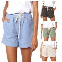 womens cotton linen shorts hot sale high waist shorts drawstring wide leg trousers casual summer short femme x156