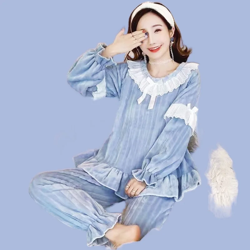 Women's Pajamas Set Princess Neck Full Sleeve Tops Long Pants 2Piece/Suit Winter Cute Pink Pyjama Big Size Cozy Warm Homewear