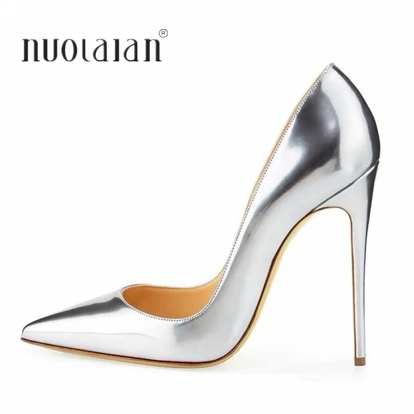 

Solid Silver Women Pointy Toe High Heels 8/10/12cm Fashion Slip On Stilettos Ladies Formal Dress Shoes Customize Pumps