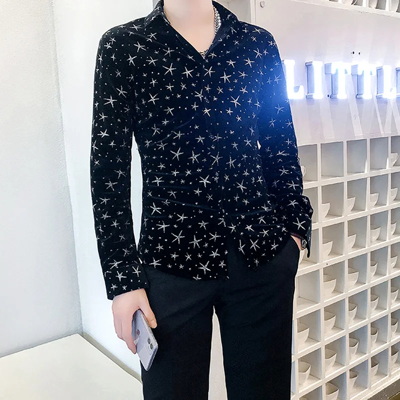 Velvet Men Shirts 2021 Autumn Winter Long Sleeve Luxury Tuxedo Dress Shirt Vintage Casual Slim Fit Shirt Plus Size Male Clothing