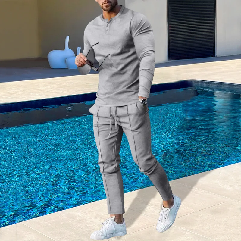Men's Solid Henley Shirt Long Sleeve Pants Set Fashion Spot Autumn 2023 New Large Set Tracksuits  Clothes for Mens Clothes