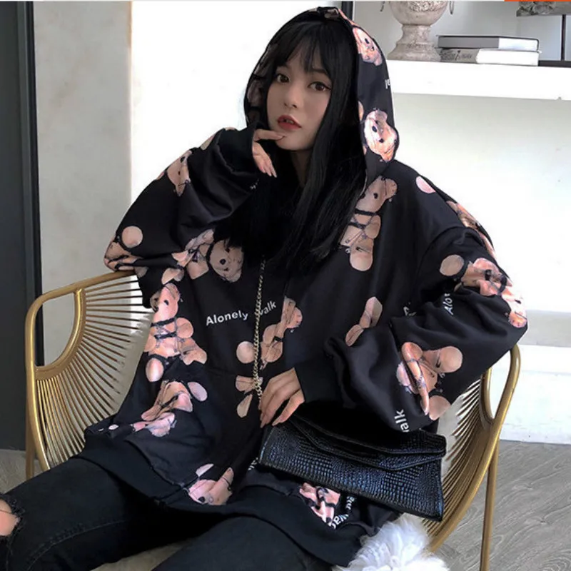 

Kawaii Women Teddy Bear Hoodie Black White Cute Sweatshirt Tracksuit Spring Autumn Vintage Harajuku Oversized Hoodies Clothes