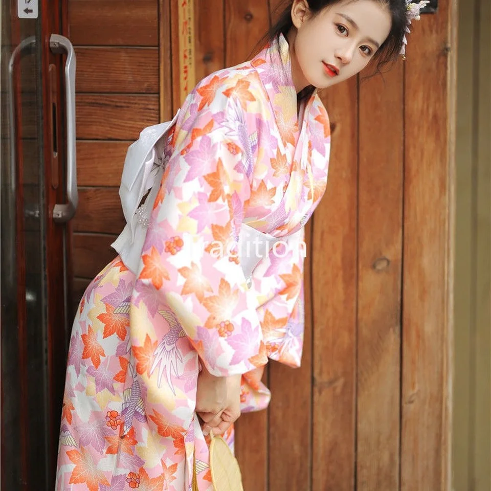 

Traditional Japanese Style Girl Female Summer Formal Dress Pink Cherry Blossom Photo Costume Yukata Long Kimono Geisha Robe