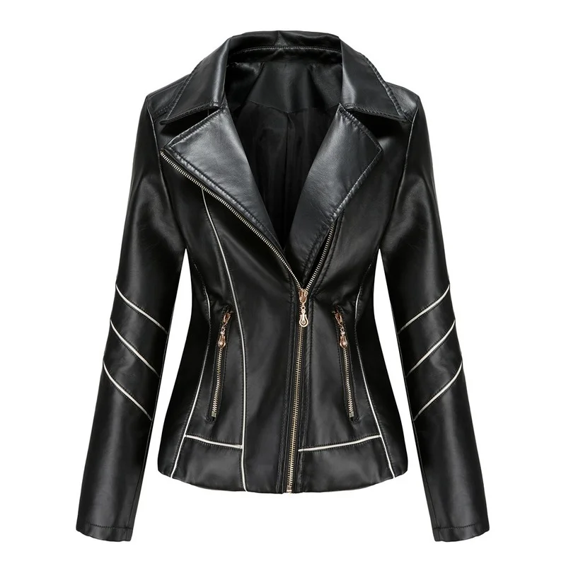 Women Black PU Zipper Motorcycle Outerwear Faux Soft Leather Jackets Coats 2022 Autumn Winter New Fashion Streetwear Trench Coat