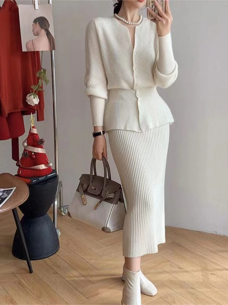 

Elegant Skirt Sets Women 2 Piece Outfit 2023 Autumn/Winter Solid Long Sleeves Knitted Sweater Skirt Set Korea Fashion Dress Sets