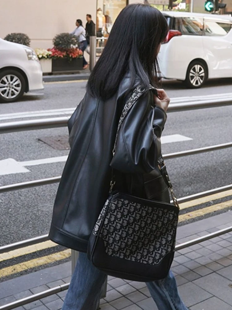 Black Winter Leather Jacket Women High Street Harajuku Zipper Moto Jacket Female Casual Loose Streetwear Warm Oversize Y2k Coat