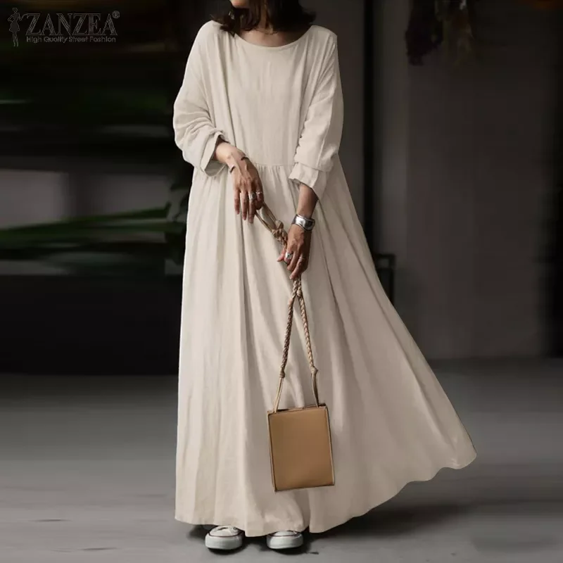 

2022 Autumn Vintage Long Sleeve Solid Sundress Women Elegant Maxi Long Dress ZANZEA Kaftan Femme Robe Vestidos Baggy 7