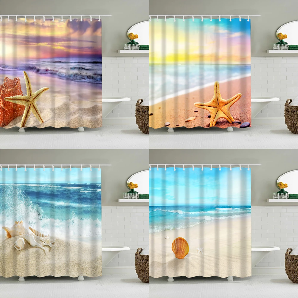 

Seashell Starfish Shower Curtain Beach Shower Curtain Washable Conch Waves Ocean Bath Curtains Waterproof Bathroom Accessories