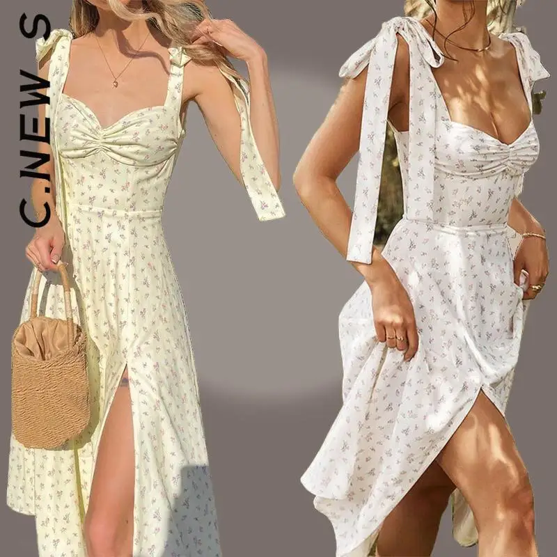 

C.New S Floral Slip Backless Pleated Slit White Yellow Lace-up Dress Basic Girl Streetwear Club Soft Female Dress Woman