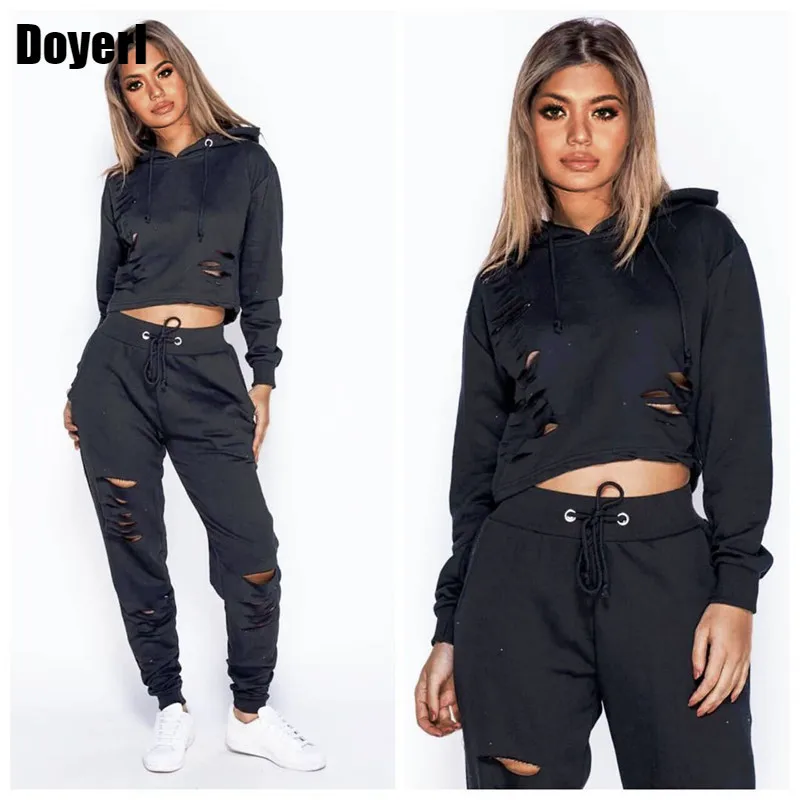 

Autumn Casual Fashion Tracksuit Women Hooded Crop Top Sweatshirt and Sweatpants Pants Set Hole 2 Piece Sets Sweat Suits Outfits