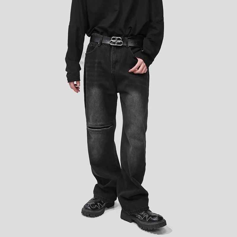 

Джинсы SYUHGFA мужские прямые однотонные, модные штаны из денима, на молнии, с разрезом, модные уличные свободные брюки с эффектом потертости