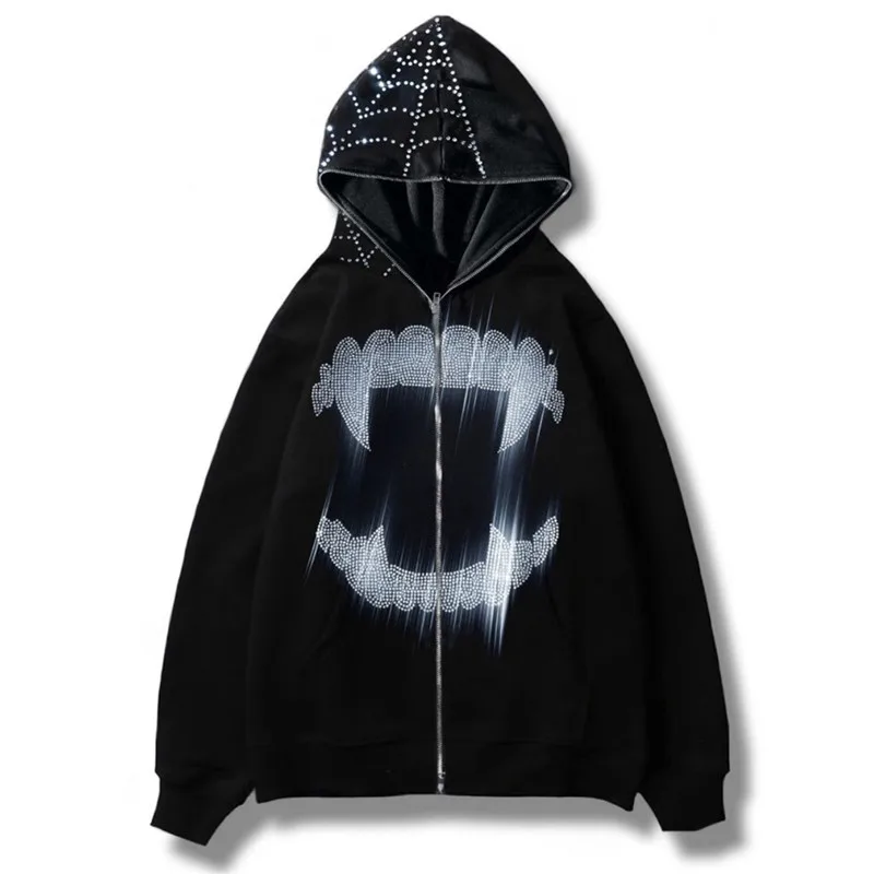 

Y2K Rhinestone Cobweb Zip Up Oversized Sweatshirt 2022 Autumn Goth Hoodies Women Lady Jacket Fleece Autumn Winter Flame Pocket