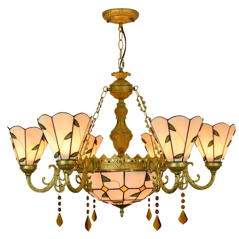 

Витражная лампа 32 дюйма, простой светильник с зелеными листьями, Витражная лампа с 6 люстрами и перевернутым потолочным кулоном 12 дюймов