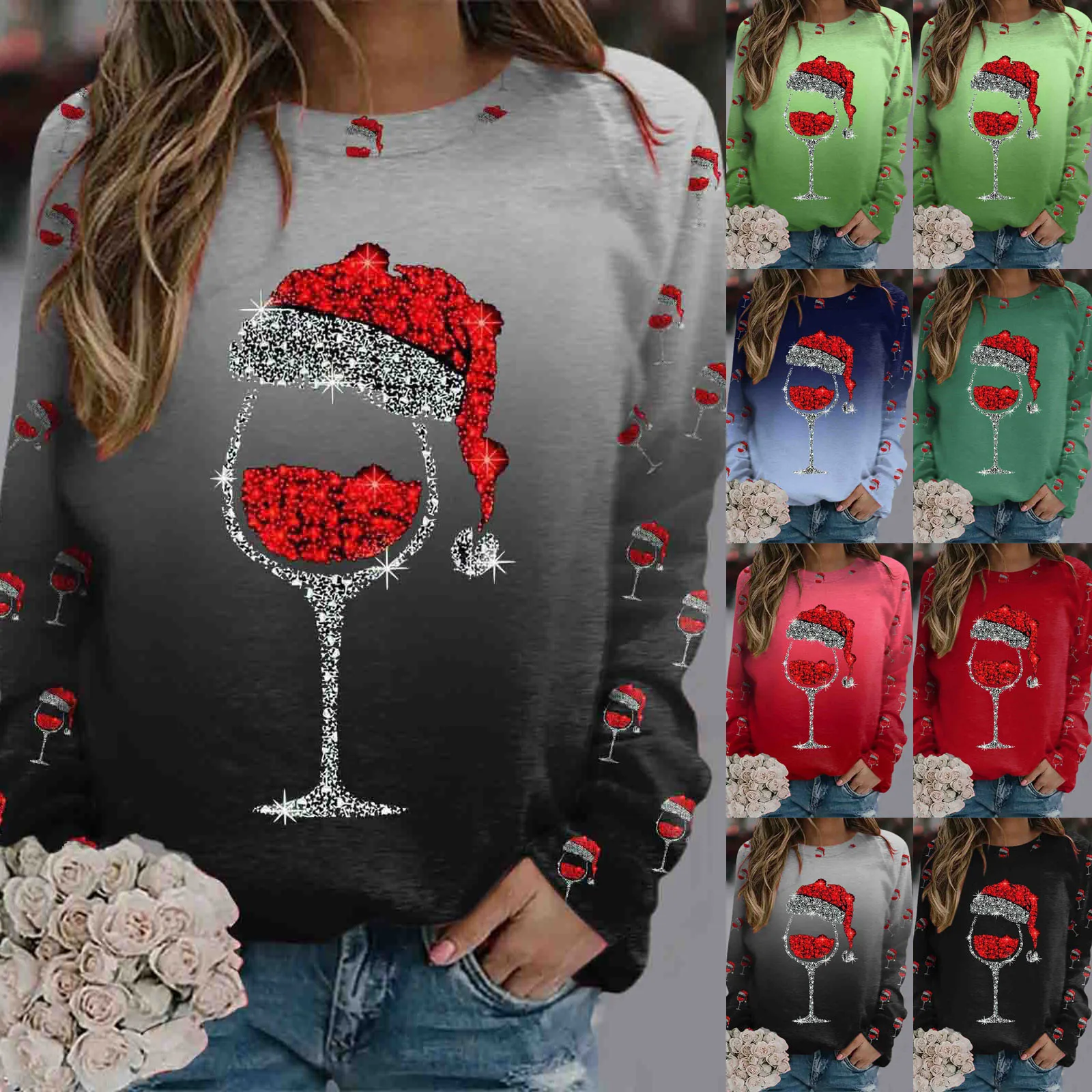 

Women Christmas Wine Glass Shirt Long Sleeve Top Round Neck Casual Fall Sweatshirts with . Long Sleeve Side Zip Sweatshirt Women