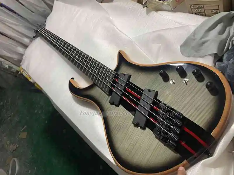 

4 струны на заказ, черное пламя, Кленовая верхняя электрическая бас-гитара, Кленовая шейка через корпус, черная фурнитура